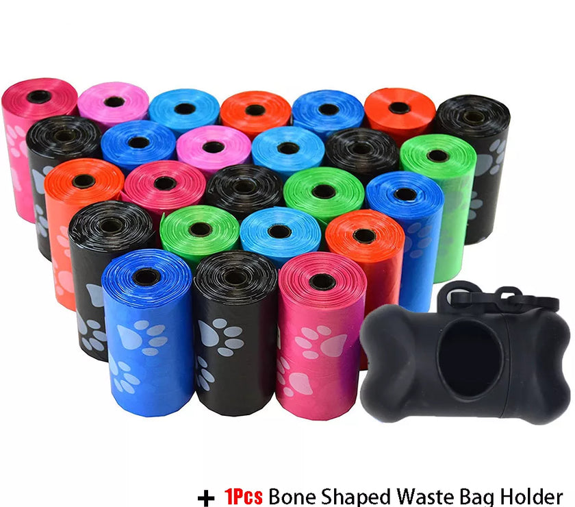 Pet Poop Bags Disposable Dog Waste Bags, Bulk Poop Bags with Leash Clip and Bone Bag Dispenser 5Roll(75Pcs) Bags with Paw Prints