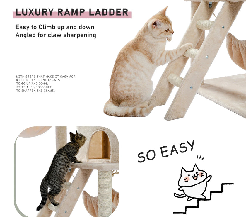 Cat Tree Towel Scratching Sisal Post Multi-Level Pet Climbing Tree with Hammock Bed Cat Ladder Extra Large Perch with Toy Ball