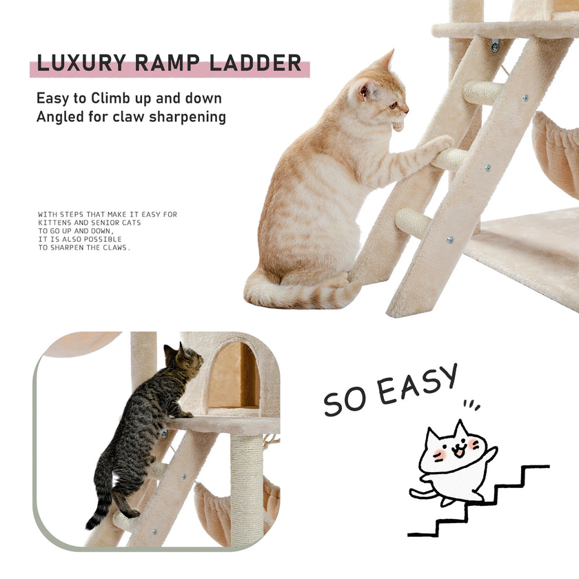 Cat Tree Towel Scratching Sisal Post Multi-Level Pet Climbing Tree with Hammock Bed Cat Ladder Extra Large Perch with Toy Ball