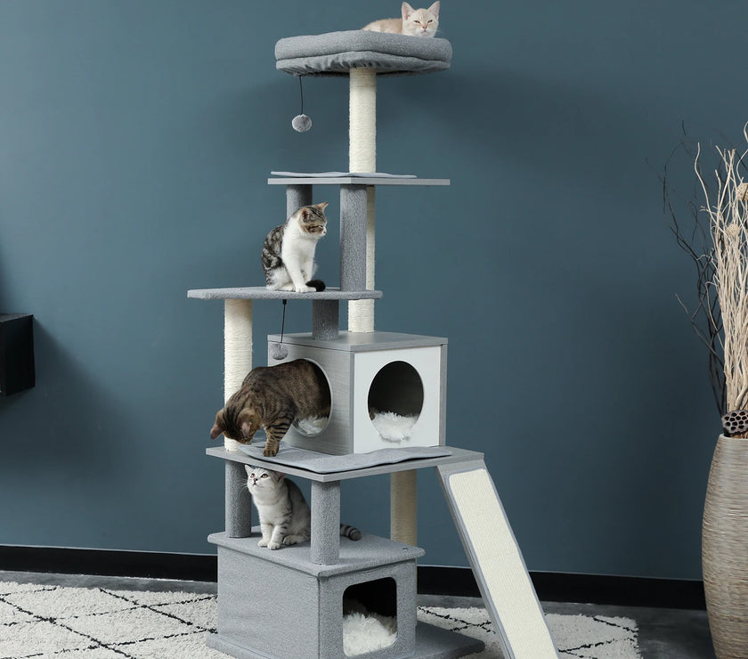 Fast Delivery Pet Cat Tree House Tower Condo Wood Cat Scratching Sisal-Covered Scratch Posts Pads with Play Ball for Cats Kitten