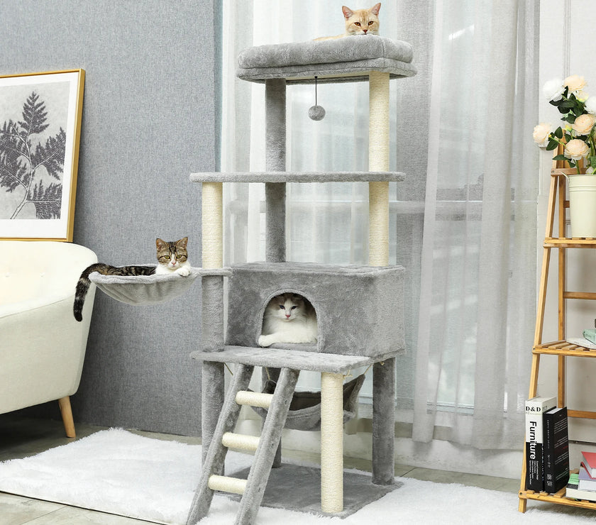 Cat Tree Towel Scratching Sisal Post Multi-Level Pet Climbing Tree with Hammock Bed Cat Ladder Extra Large Perch with Toy Ball