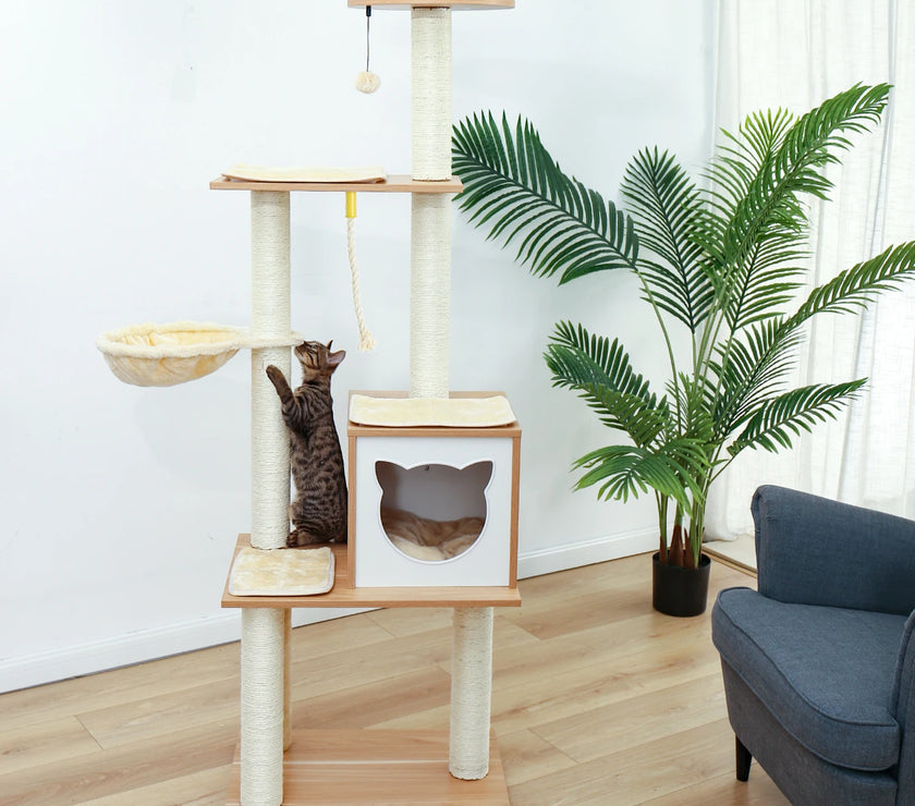 Fast Delivery Pet Cat Tree House Tower Condo Wood Cat Scratching Sisal-Covered Scratch Posts Pads with Play Ball for Cats Kitten