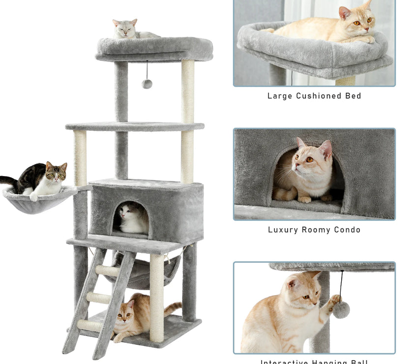 Cat Tree Towel Scratching Sisal Post Multi-Level Pet Climbing Tree with Hammock Bed Cat Ladder Extra Large Perch with Toy Ball