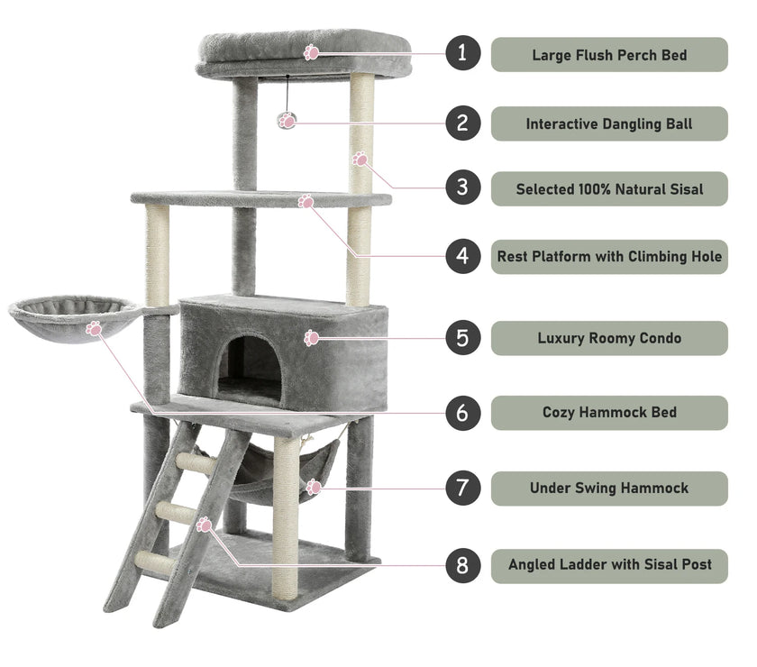 Cat Tree Towel Scratching Sisal Post Multi-Level Pet Climbing Tree with Hammock Bed Cat Ladder Extra Large Perch with Toy Ball