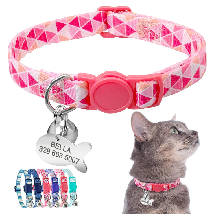 Personalized Breakaway Cat Collar with Safety Buckle, Engraved Fish ID Tag & Bell - Kitten Collar  | Adjustable & Soft