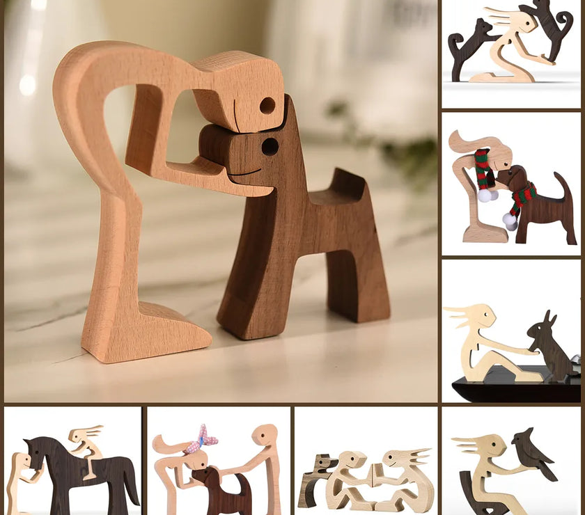 Family Puppy Wood Dog Craft Figurine Desktop Table Ornament Carving Model Home Office Decoration Pet Sculpture Christmas Gift