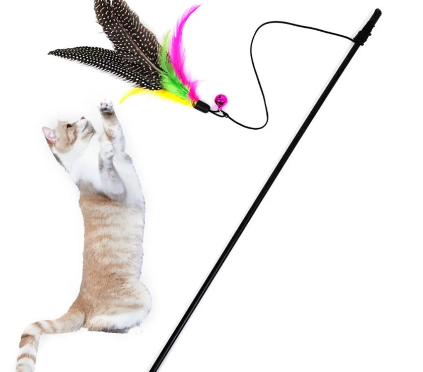 Funny Kitten Cat Teaser Interactive Toy Rod with Bell and Feather Toys for Cats Teaser Interactive Toy Rod Pet Cats Toys Stick