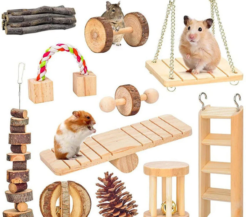 Cute Rabbit Roller Toys Natural Wooden Pine Dumbells Unicycle Bell Chew Toys for Guinea Pigs Rat Small Pet Molars Supplies