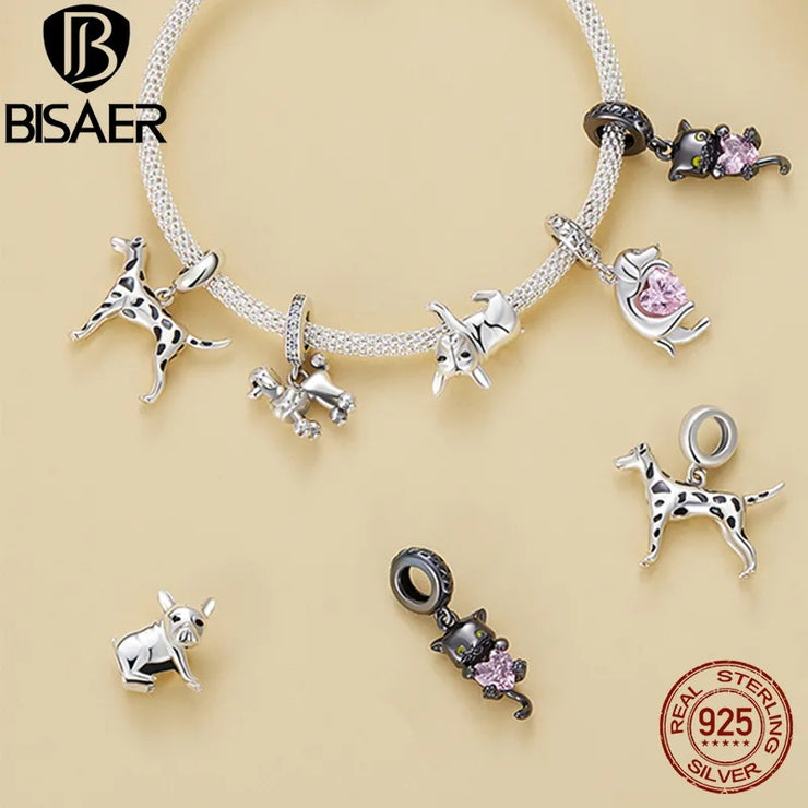 BISAER 925 Sterling Silver Cute Dog Charm Bead Dachshund Pet Animal Pendant Platinum Plated Fit Women DIY Bracelet Fine Jewelry