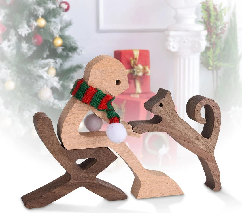 Family Puppy Wood Dog Craft Figurine Desktop Table Ornament Carving Model Home Office Decoration Pet Sculpture Christmas Gift