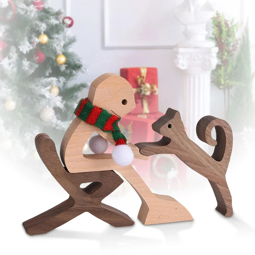 Family Puppy Wood Dog Craft Figurine Desktop Table Ornament Carving Model Home Office Decoration Pet Sculpture Christmas Gift