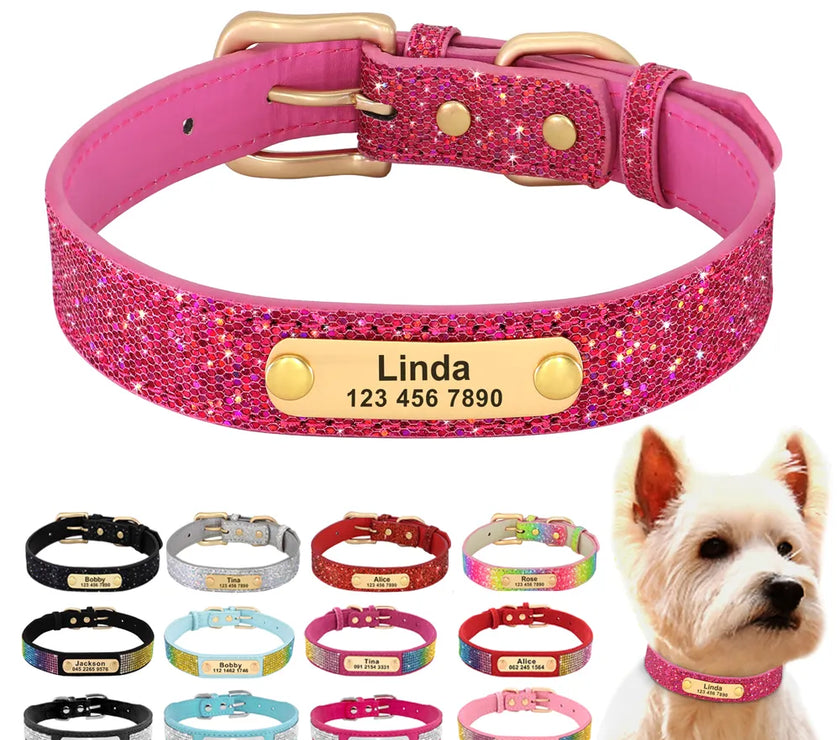 Sparkling Safety: Personalized Bling Dog Collar with Engraved ID Tag for Small & Medium Pups