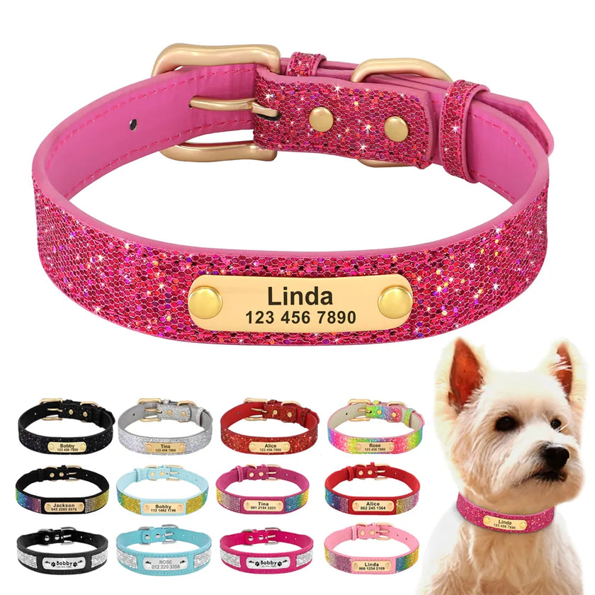 Sparkling Safety: Personalized Bling Dog Collar with Engraved ID Tag for Small & Medium Pups