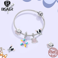 BISAER 925 Sterling Silver Cute Dog Charm Bead Dachshund Pet Animal Pendant Platinum Plated Fit Women DIY Bracelet Fine Jewelry