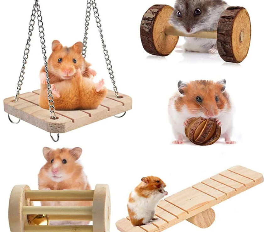 Cute Rabbit Roller Toys Natural Wooden Pine Dumbells Unicycle Bell Chew Toys for Guinea Pigs Rat Small Pet Molars Supplies