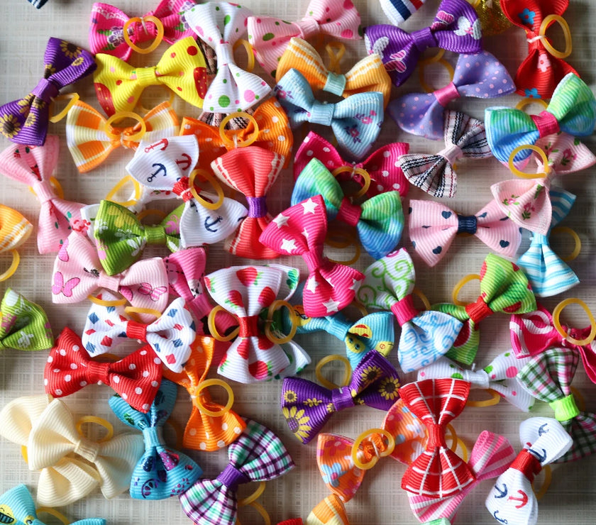 Dog Grooming Bows (10, 20, or 30 Pack) - Small Dog & Cat Hair Bows with Rubber Bands