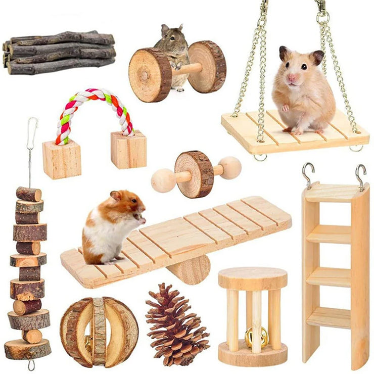 Cute Rabbit Roller Toys Natural Wooden Pine Dumbells Unicycle Bell Chew Toys for Guinea Pigs Rat Small Pet Molars Supplies