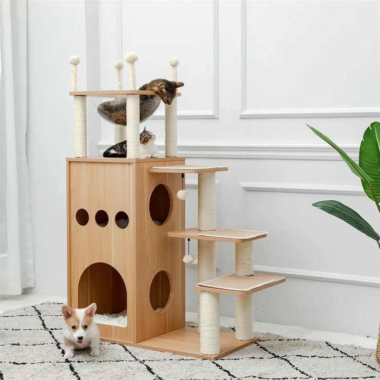 Fast Delivery Pet Cat Tree House Tower Condo Wood Cat Scratching Sisal-Covered Scratch Posts Pads with Play Ball for Cats Kitten